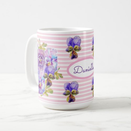 Pansy Floral Viola Vintage Womans Pink Stripe Coffee Mug