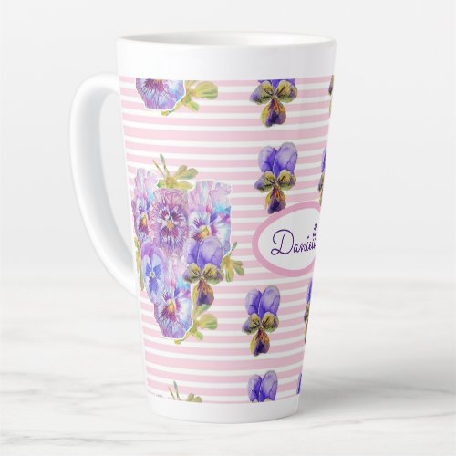 Pansy Floral Viola Vintage Womans Pink Stripe Latt Latte Mug