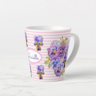Pansy Floral Viola Vintage Womans Pink Stripe Latte Mug