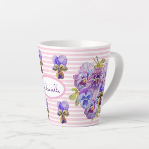 Pansy Floral Viola Vintage Womans Pink Stripe Latte Mug
