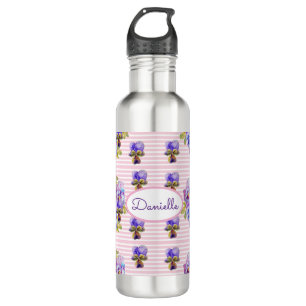 Pansy Floral Viola Vintage Womans Pink Stripe Stainless Steel Water Bottle