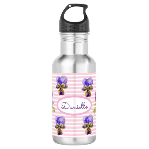Pansy Floral Viola Vintage Womans Pink Stripe Stainless Steel Water Bottle