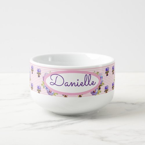 Pansy Floral Viola Vintage Womans Pink Stripe  The Soup Mug