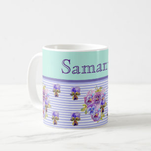 Pansy Flower Aqua Stripe art floral Customizable  Coffee Mug