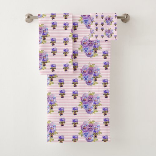 Pansy Flower Aqua Stripe art floral Girls Name Bath Towel Set