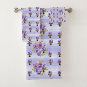 Pansy Flower Aqua Stripe art floral Girls Name  Bath Towel Set