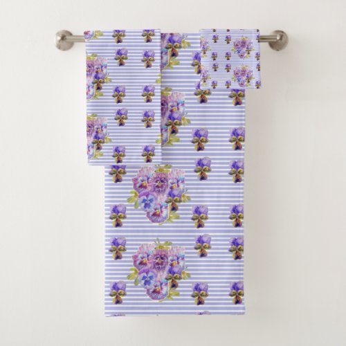 Pansy Flower Aqua Stripe art floral Girls Name  Bath Towel Set