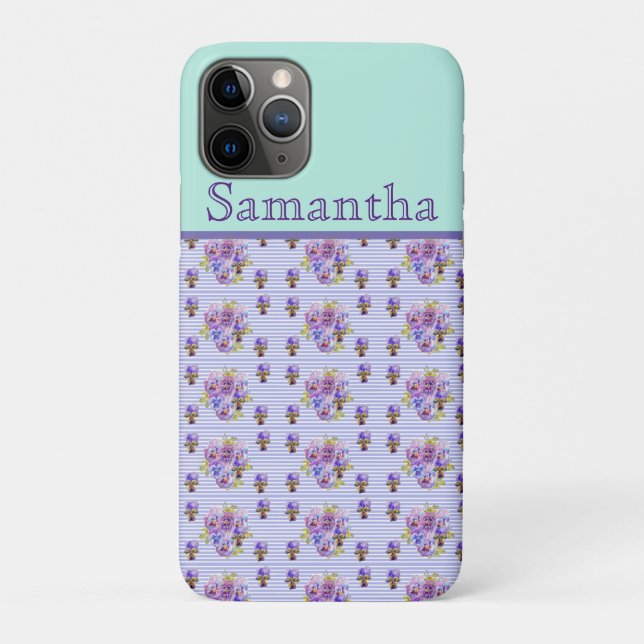 Pansy Flower Aqua Stripe art floral Girls Name Case-Mate iPhone Case (Back)