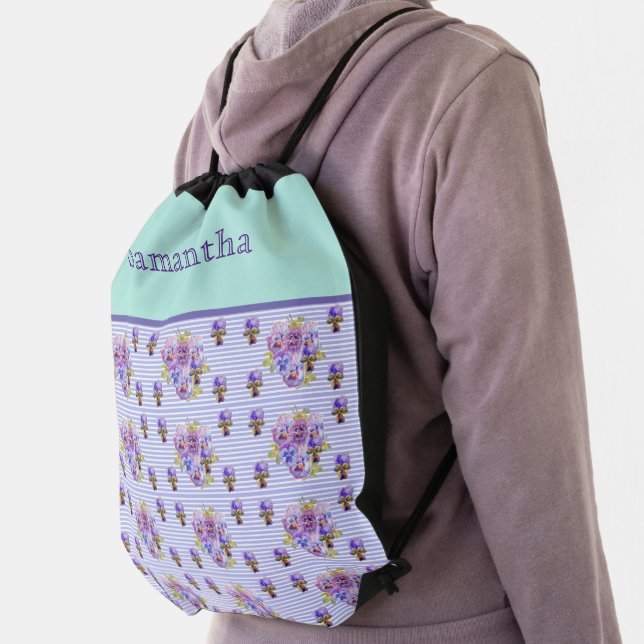Pansy Flower Aqua Stripe art floral Girls Name Drawstring Bag (Insitu)