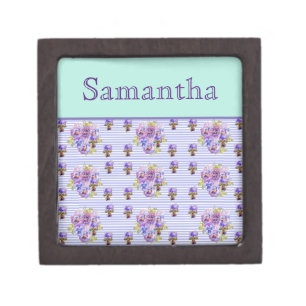 Pansy Flower Aqua Stripe art floral Girls Name Gift Box