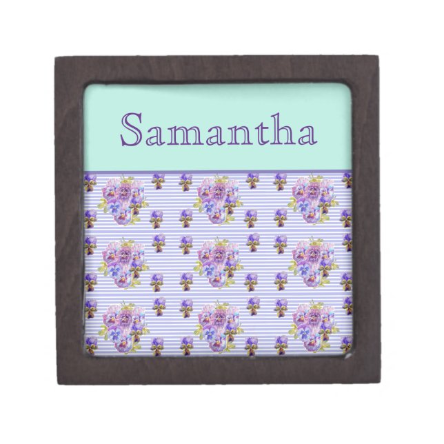 Pansy Flower Aqua Stripe art floral Girls Name Gift Box (Front)