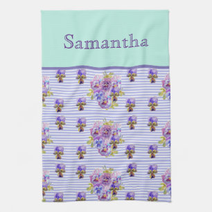 Pansy Flower Aqua Stripe art floral Girls Name Kitchen Towel