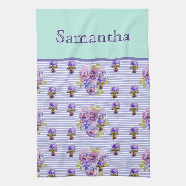 Pansy Flower Aqua Stripe art floral Girls Name Kitchen Towel (Vertical)
