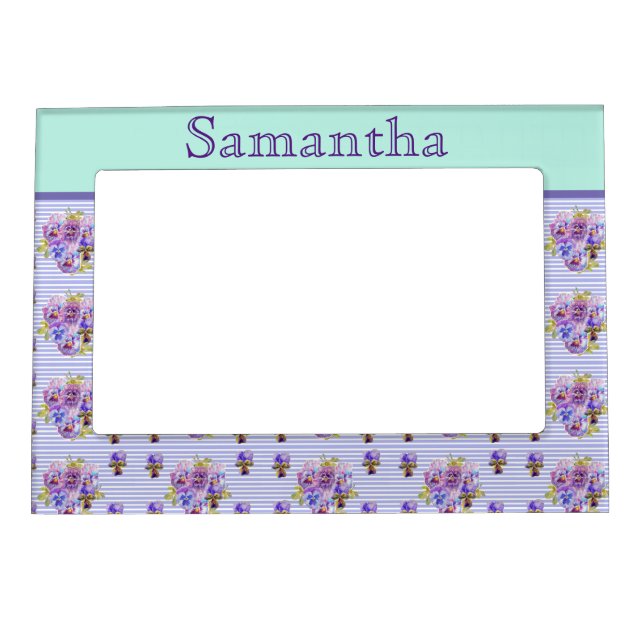 Pansy Flower Aqua Stripe art floral Girls Name Magnetic Frame (Front)