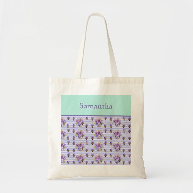 Pansy Flower Aqua Stripe art floral Girls Name Tote Bag (Front)