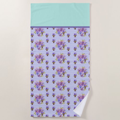 Pansy Flower Aqua Stripe art floral Girls Womens Beach Towel