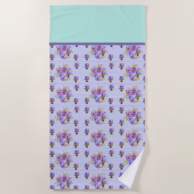 Pansy Flower Aqua Stripe art floral Girls Womens Beach Towel (Front)