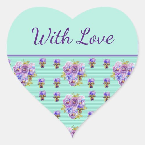 Pansy Flower Aqua Stripe floral Green With Love Heart Sticker