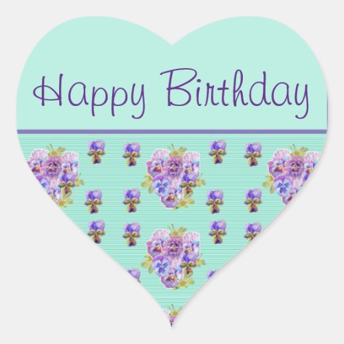 Pansy Flower Aqua Stripe floral Happy Birthday Heart Sticker
