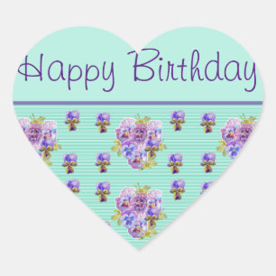 Pansy Flower Aqua Stripe floral Happy Birthday Heart Sticker