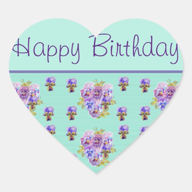 Pansy Flower Aqua Stripe floral Happy Birthday Heart Sticker (Front)