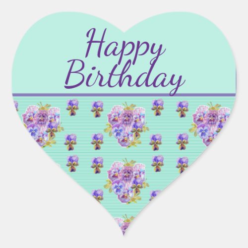 Pansy Flower Aqua Stripe floral Mom Happy Birthday Heart Sticker