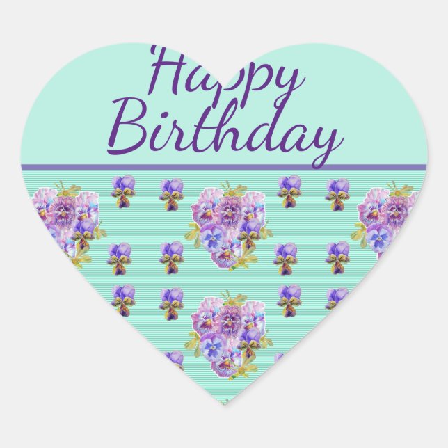 Pansy Flower Aqua Stripe floral Mom Happy Birthday Heart Sticker (Front)