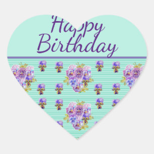 Pansy Flower Aqua Stripe floral Mom Happy Birthday Heart Sticker