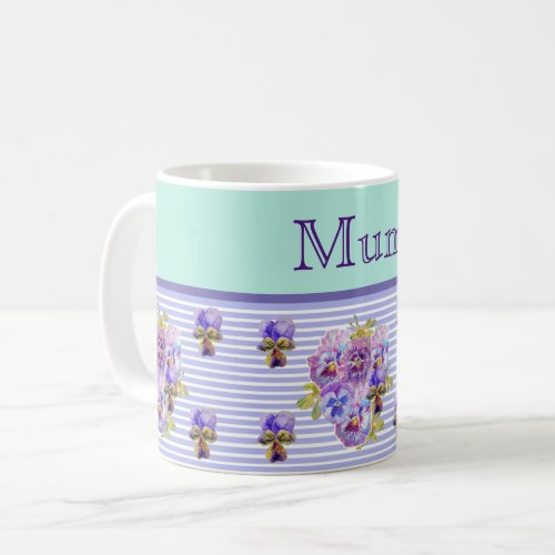 Pansy Flower Aqua Stripe floral Mom Mothers Day Coffee Mug