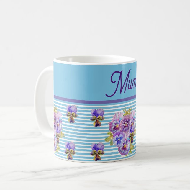 Pansy Flower Aqua Stripe floral Mom Mothers Day Coffee Mug (Front Left)
