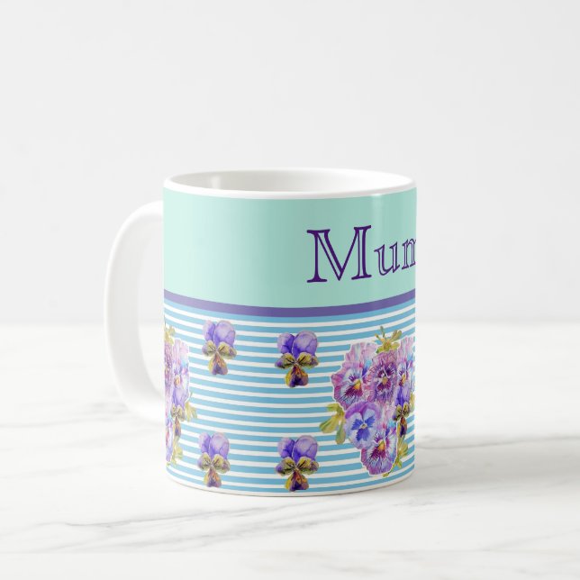 Pansy Flower Aqua Stripe floral Mom Mothers Day Coffee Mug (Front Left)