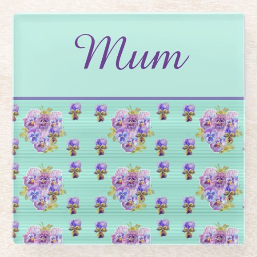Pansy Flower Aqua Stripe floral Mom Mothers Day  Glass Coaster