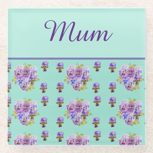 Pansy Flower Aqua Stripe floral Mom Mothers Day  Glass Coaster (Front)