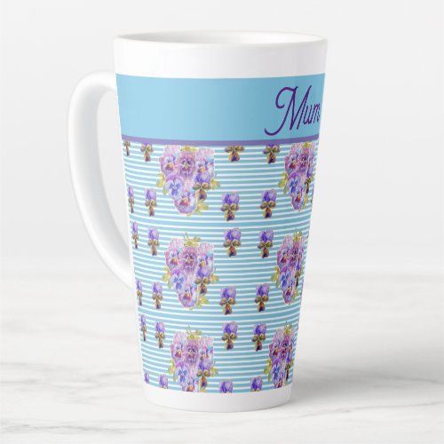 Pansy Flower Aqua Stripe floral Mom Mothers Day Latte Mug