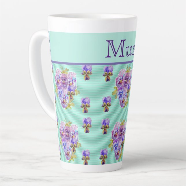 Pansy Flower Aqua Stripe floral Mom Mothers Day Latte Mug (Left Angle)