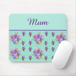 Pansy Flower Aqua Stripe floral Mum Mothers Day Mouse Pad