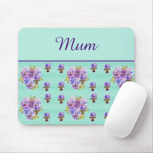 Pansy Flower Aqua Stripe floral Mum Mothers Day Mouse Pad