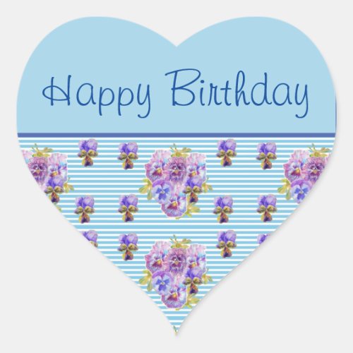 Pansy Flower Blue Stripe floral Happy Birthday Heart Sticker