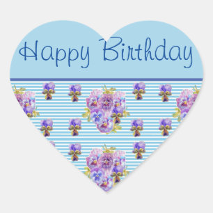 Pansy Flower Blue Stripe floral Happy Birthday Heart Sticker