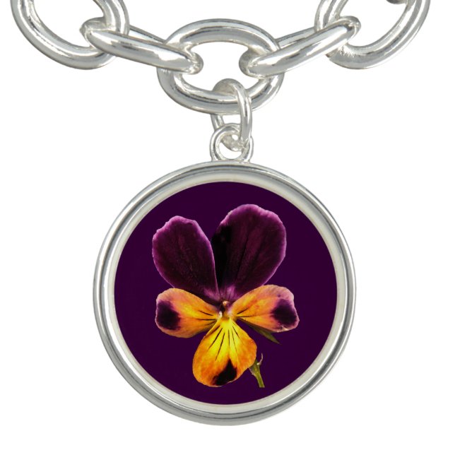 Pansy Flower Floral Yellow Purple Charm Bracelet (Design)