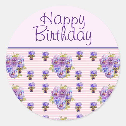 Pansy Flower Pink Stripe floral Happy Birthday Classic Round Sticker