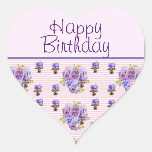 Pansy Flower Pink Stripe floral Happy Birthday  Heart Sticker