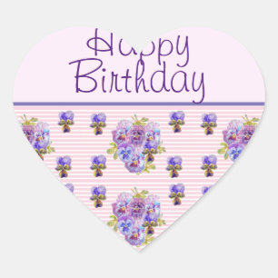 Pansy Flower Pink Stripe floral Happy Birthday Heart Sticker