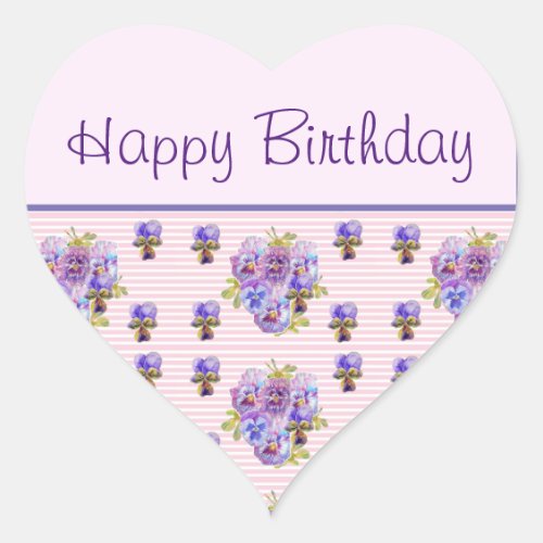 Pansy Flower Pink Stripe floral Happy Birthday Heart Sticker