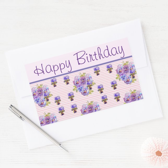 Pansy Flower Pink Stripe floral Happy Birthday Rectangular Sticker (Envelope)