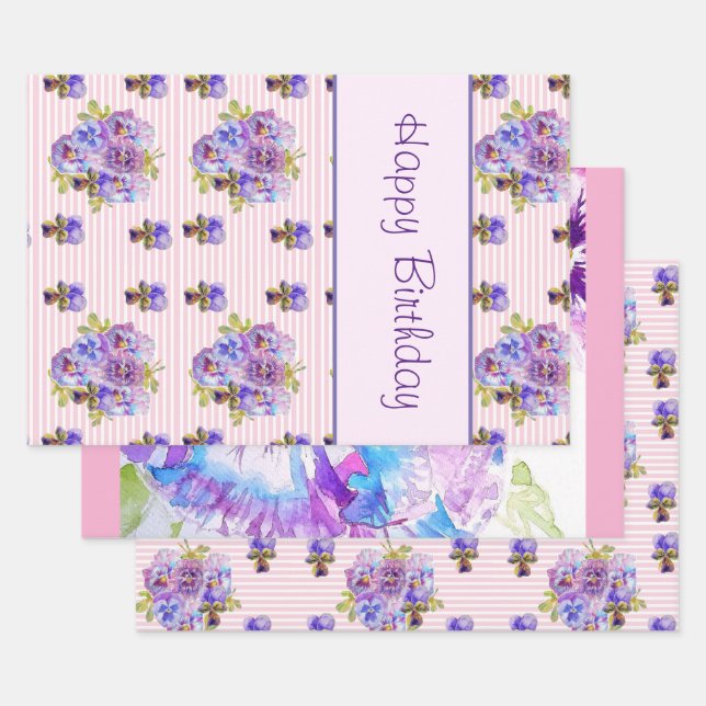 Pansy Flower Pink Stripe floral Happy Birthday Wrapping Paper Sheets (Set)