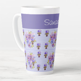 Pansy Flower Purple Stripe floral Customizable Latte Mug