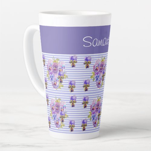 Pansy Flower Purple Stripe floral Customizable  Latte Mug