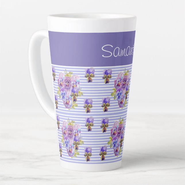 Pansy Flower Purple Stripe floral Customizable  Latte Mug (Left Angle)