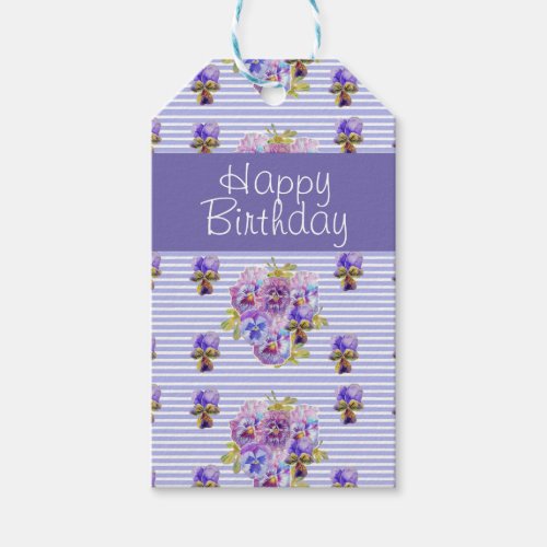 Pansy Flower Purple Stripe floral Happy Birthday Gift Tags